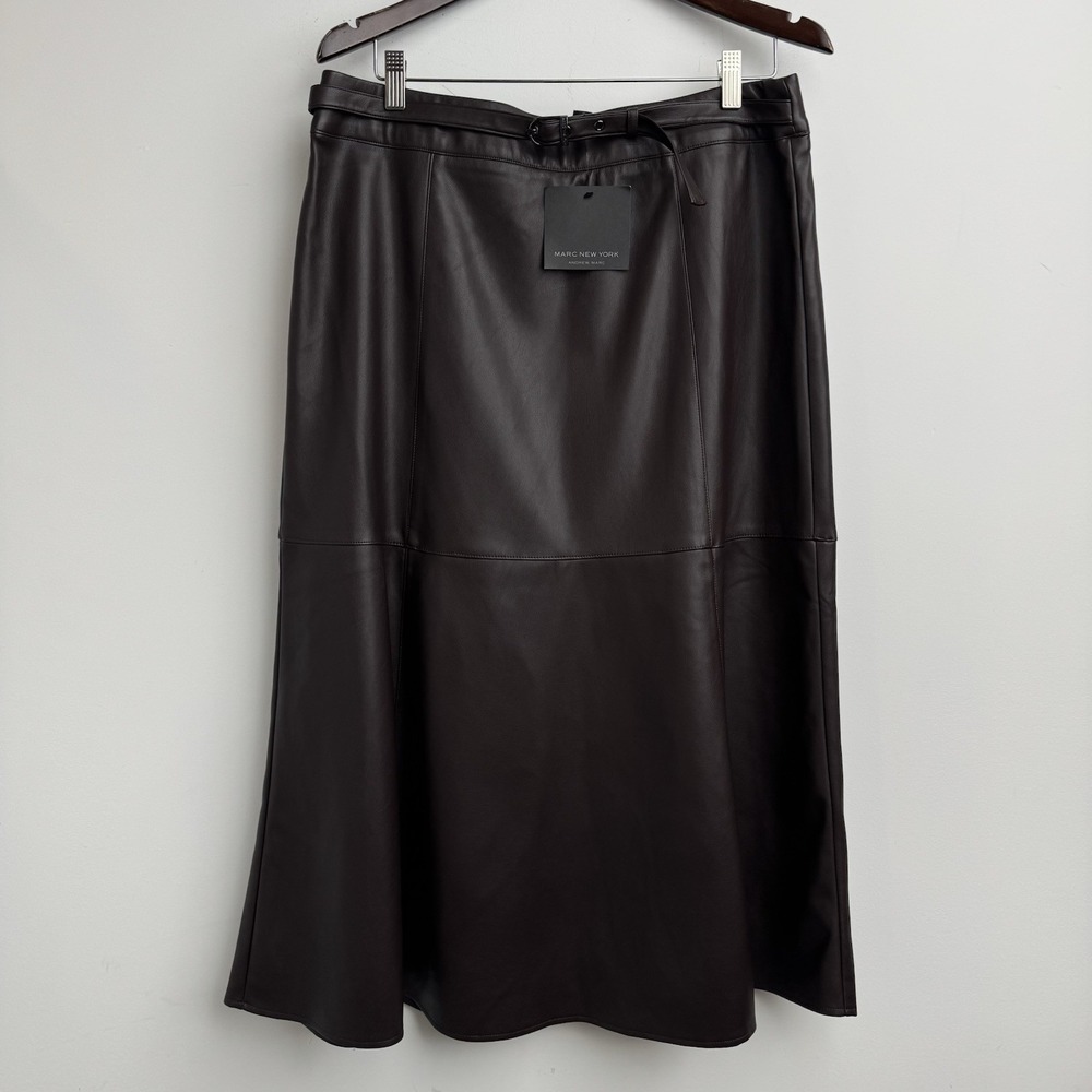 Marc New York Midi Skirt Womens L Brown Espresso Belted Faux Leather A-Line NWT